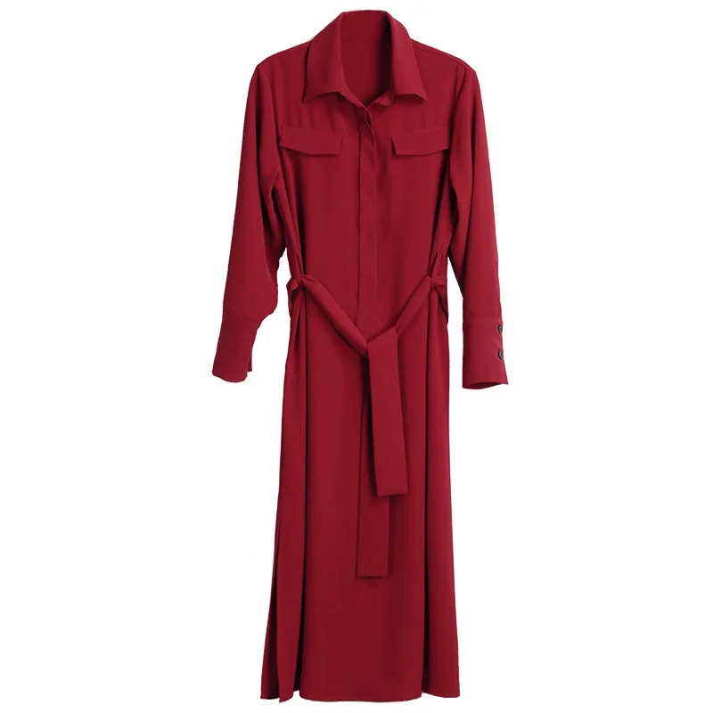 

Spring 2019 new tender female loesch ning with red dress shirt lapel gown split long sleeves