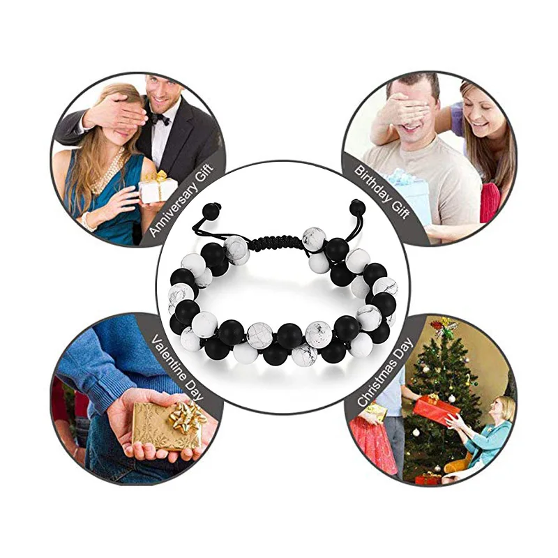 

Distance Bracelet for Men Women Natural Stone White Howlite Black Matte Beads Bracelet Adjustable Double Row Bracelets