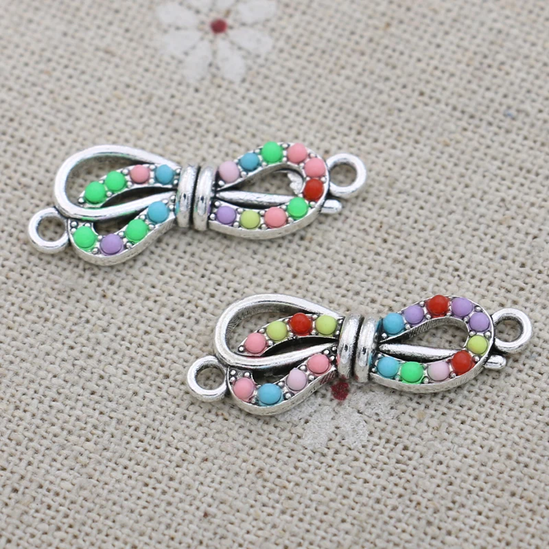 

5PCS Antique Silver Plated Crystal Bow Charm Connector for Jewelry Making Bracelet DIY Findings Accessories 27x10mm