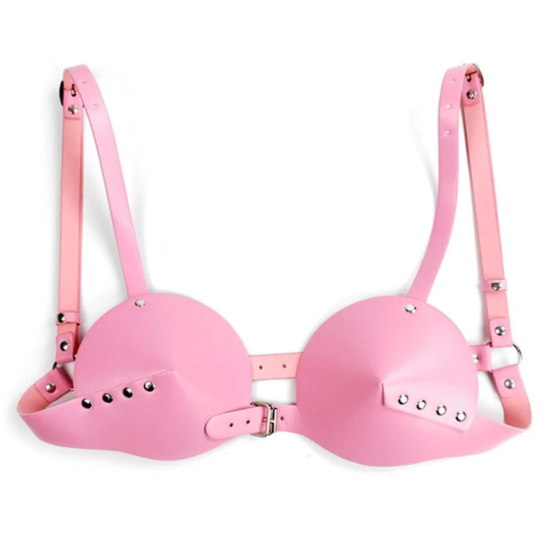 Женский кожаный бюстгальтер в готическом стиле розовый с полной чашкой