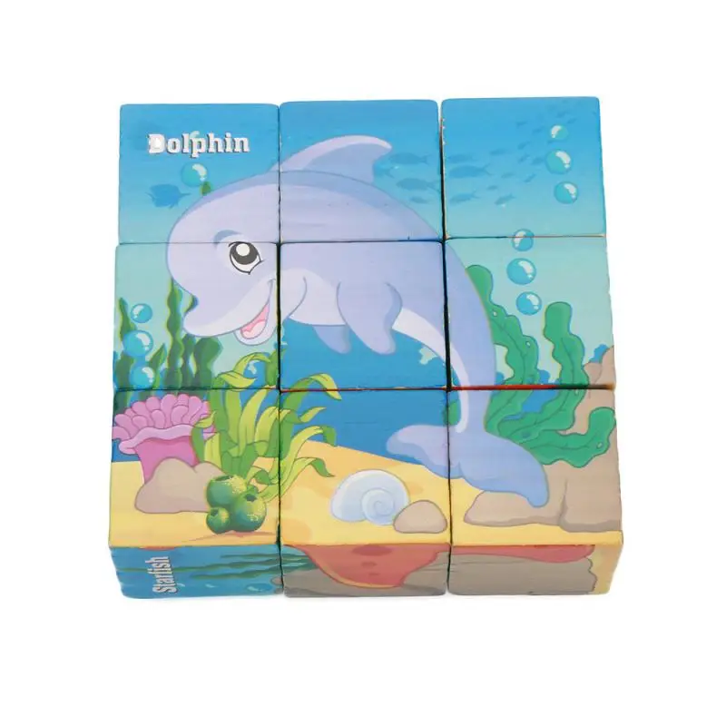

9pcs Fun Block Puzzle Toy Six Side Wooden Cube Animals Sea World Pattern Montessori Baby Kids Early Learning Educational Puzzles