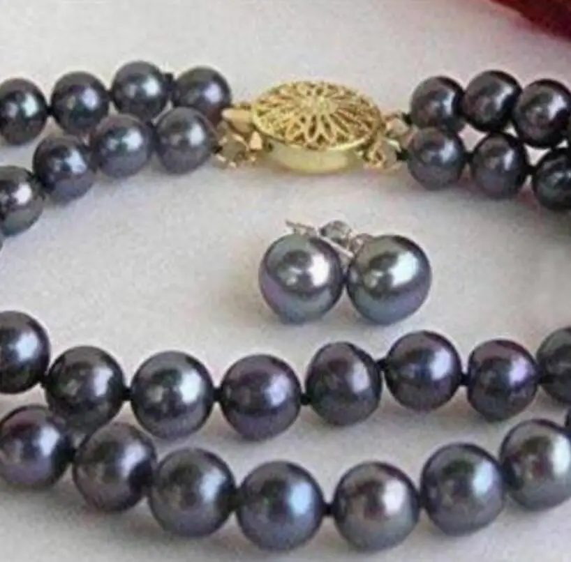 Ювелирный набор модный 2 ряда 7 8 мм черный натуральный жемчуг галстук узел