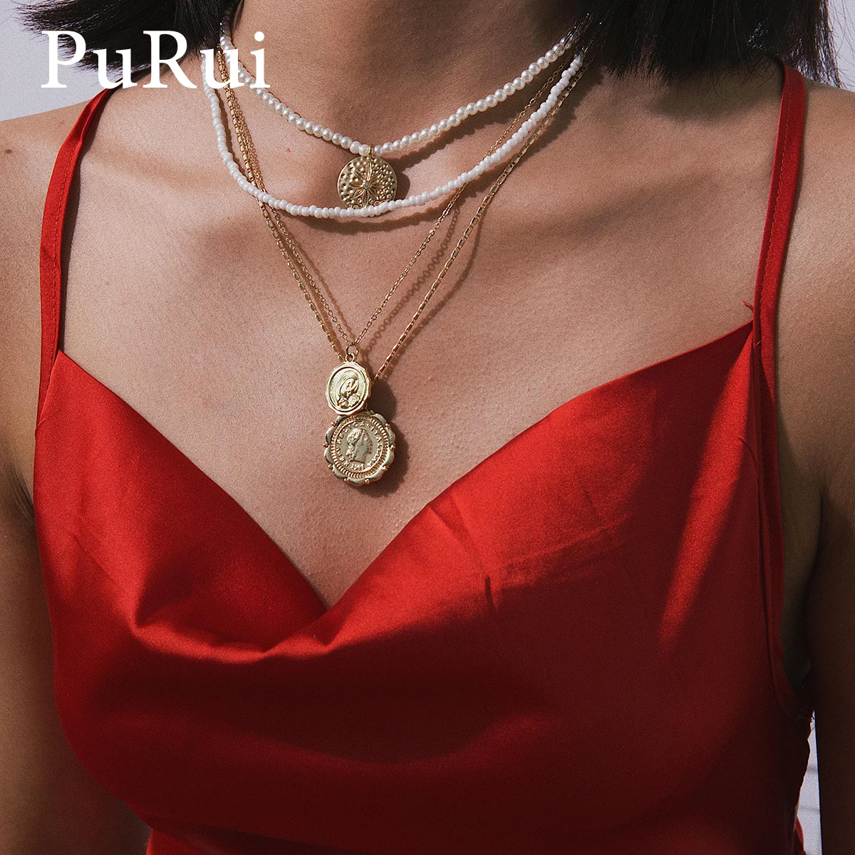 Женское многослойное ожерелье PuRui колье чокер с имитацией жемчуга золотистого