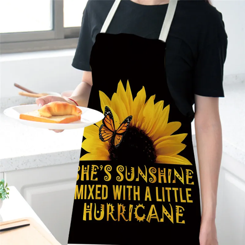 

Sunflower Printed Linen Pinafore Kitchen Black Yellow Sleeveless Apron Women Home Cooking Baking Waist Bibs Baking Accessories