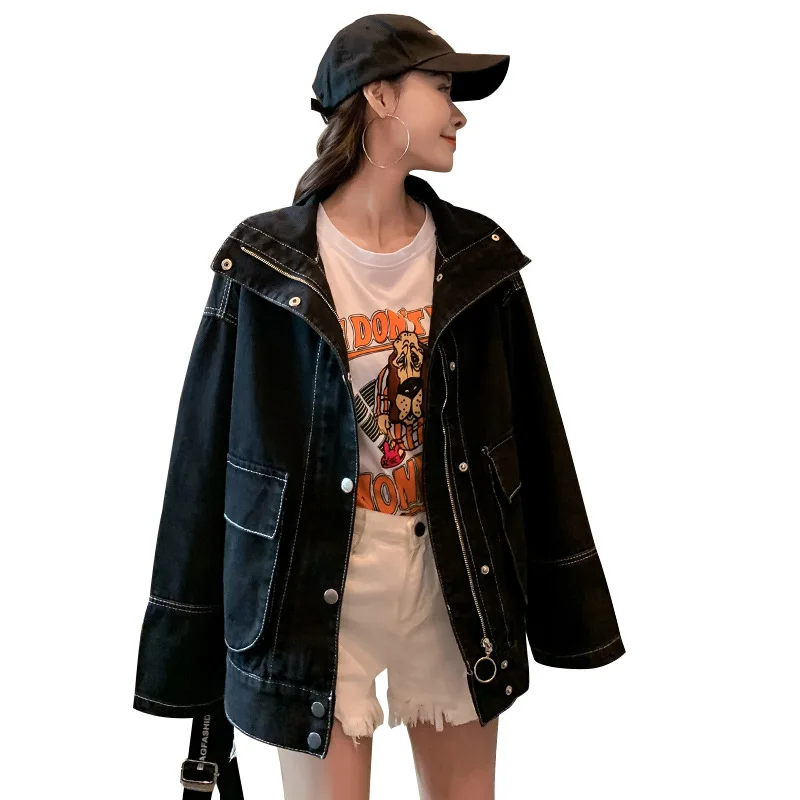

Denim Jacket Women 2020 Autumn New Fashion Female Long Sleeve Single Breasted Loose Black Blue Outerwear Denim Coats Jacket