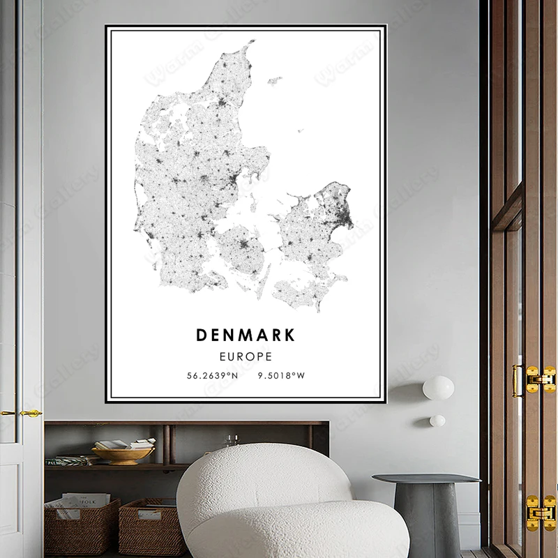 Черно-белая фотография карта Дания городская Плакат HD печать на стене рисунок