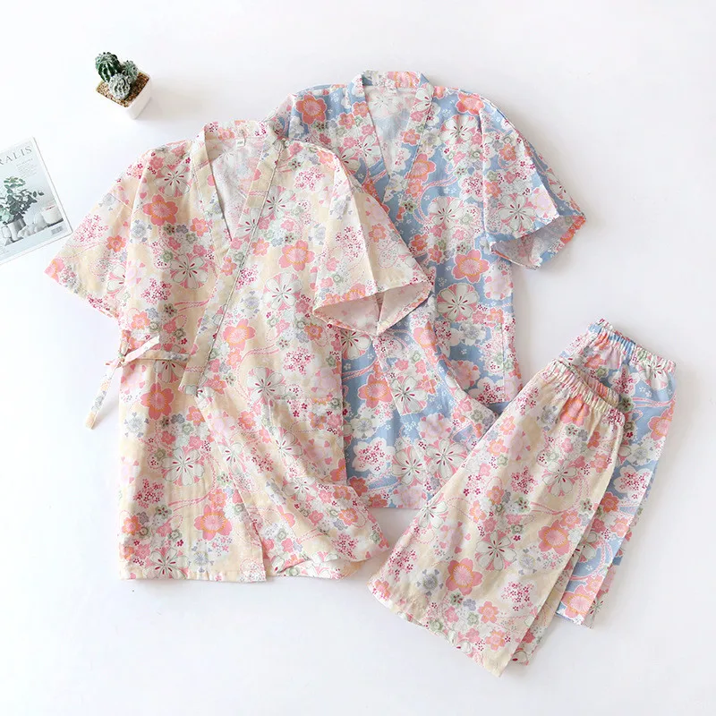 

100% Cotton Short Sleeves Pyjamas Women Pajama Set Japanese Style Kimono Shorts Ladies Floral Printed Sleepwear Homewear Pijamas