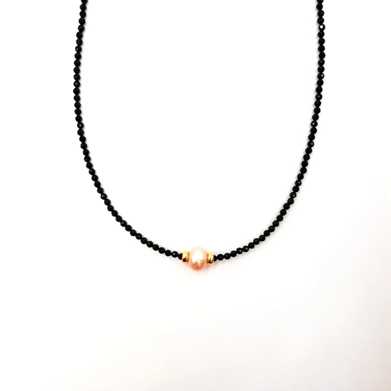 LiiJi Уникальный колье-ошейник из натуральной кожи Черный шпинель 1-2 мм бисер