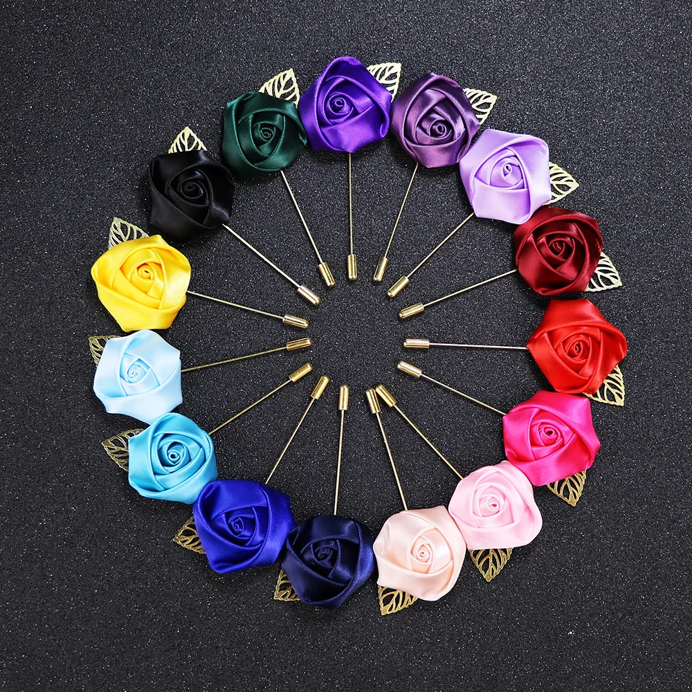 

High-grade Ribbon Rose Flower Golden Leaf Fashion Brooch Pin for Men Women Silk Buttonhole Groomsmen Party Prom Suit Accessories
