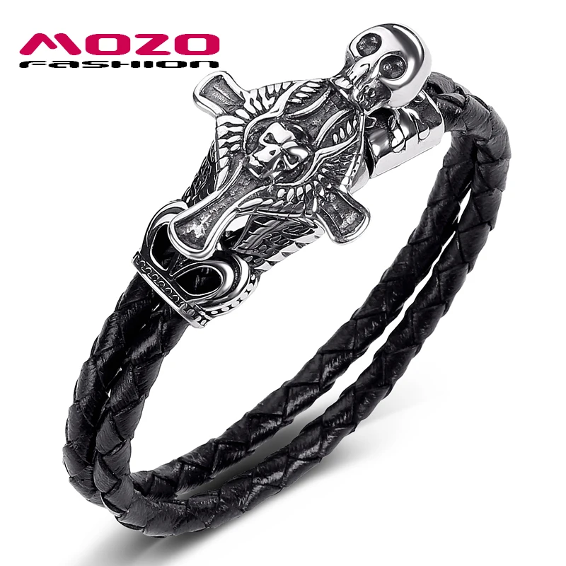 Мужской браслет из натуральной кожи черный нержавеющей стали в стиле панк с