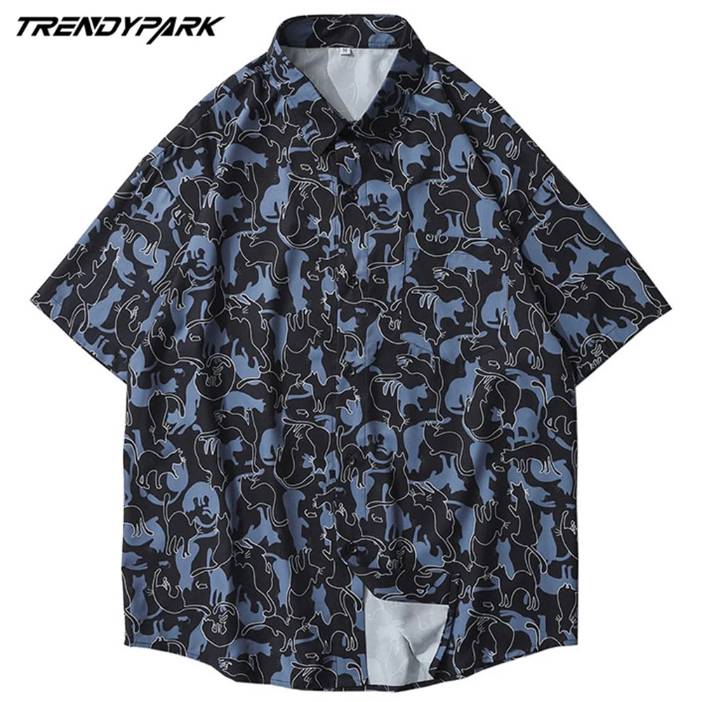 

2021 Men's Summer Short Sleeve Shirts Lucky Black Cats Print Casual Tops Oversize Single-breasted Turn-down Collar Shirt Tops