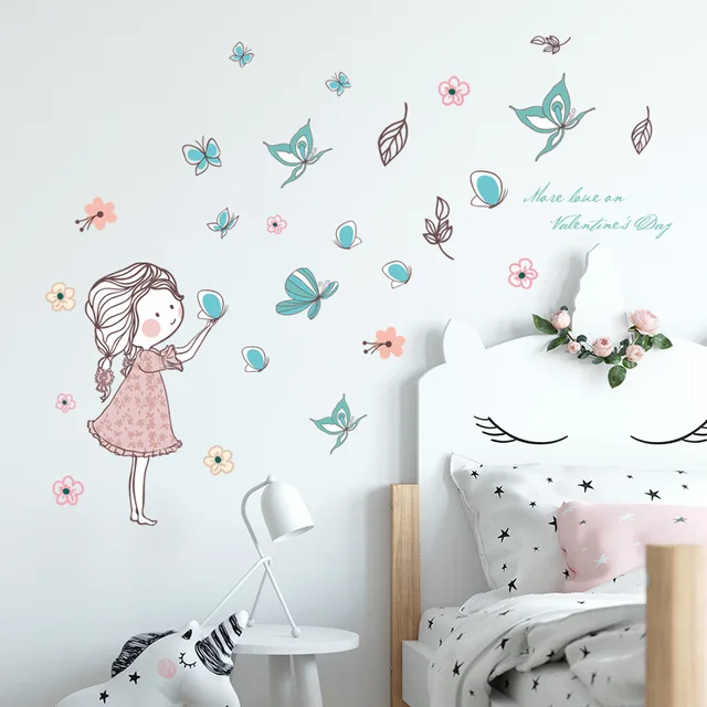 Flying butterfly girl wall stickers bedroom Girls room home decoration art mural cartoon stickers Children's room wallpaper 8