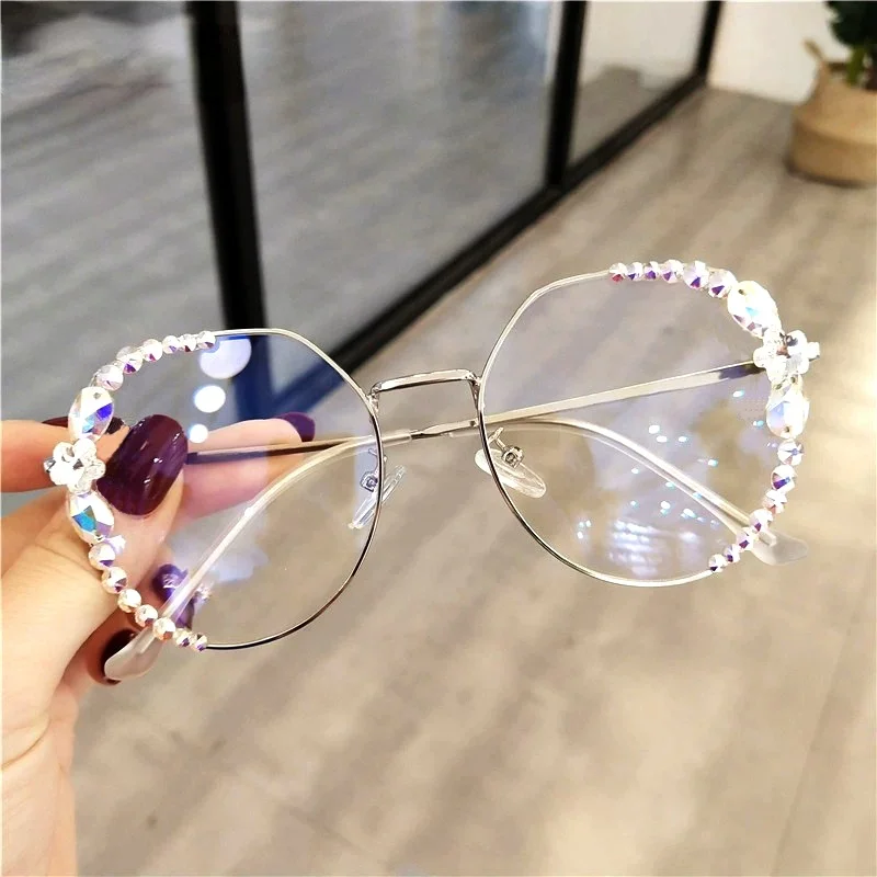 

High Quality Blue Light Blocking Glasses Luxury Rhinestone Reading Glasses Anti-fatigue Eye Protection Eyeglasses Optical Lens
