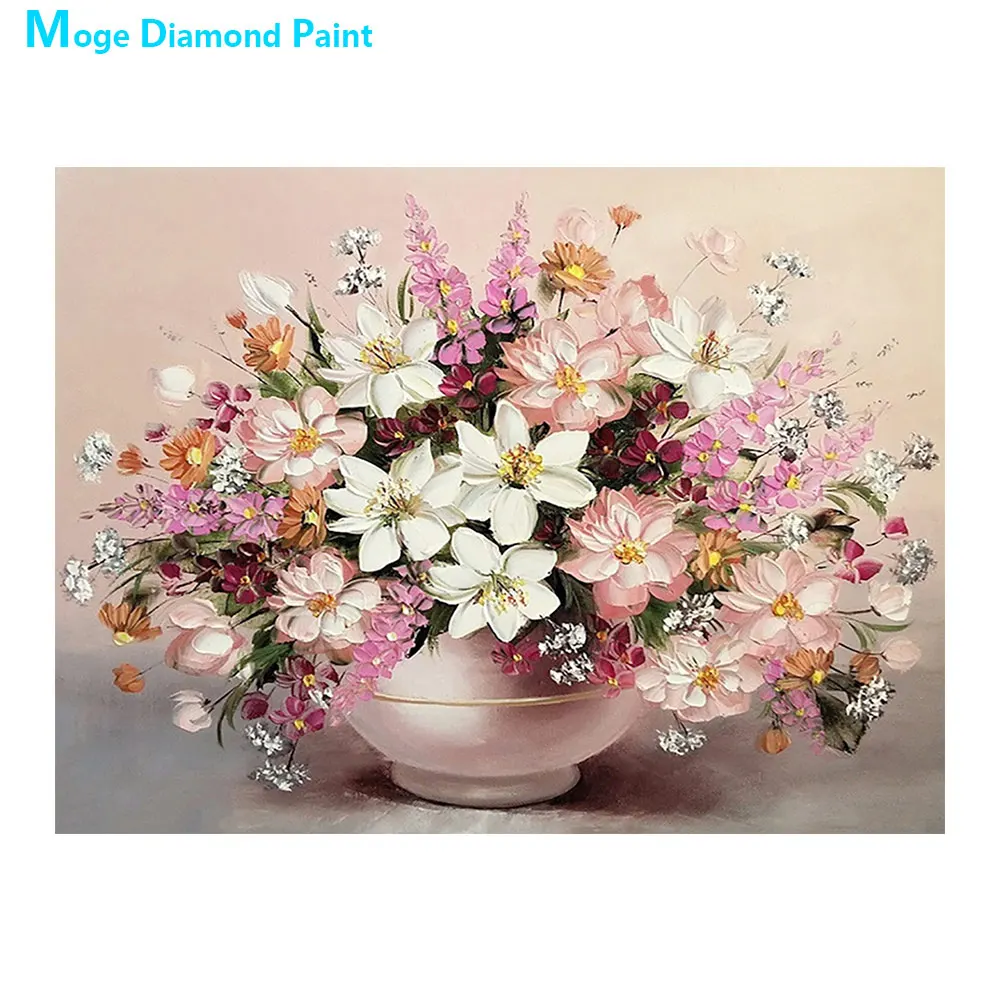 Розовая ваза с цветами Алмазная живопись Масло Флоральный круглый полный бур Обновление DIY Мозаика Вышивка 5D крестом Шитье декор для дома Подарки.