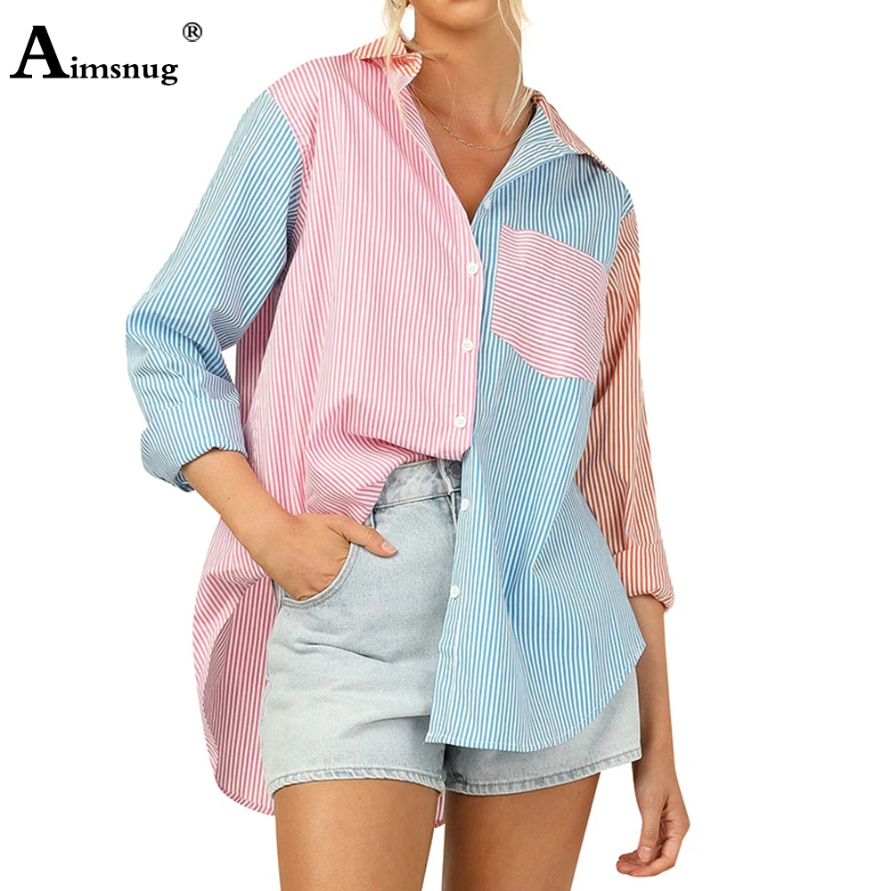 Women Casual Shirt Blusas Loose Fashion Spliced Basic Tops Long Sleeve Blouse 2022 Spring New Lepal Collar Shirts Clothing
