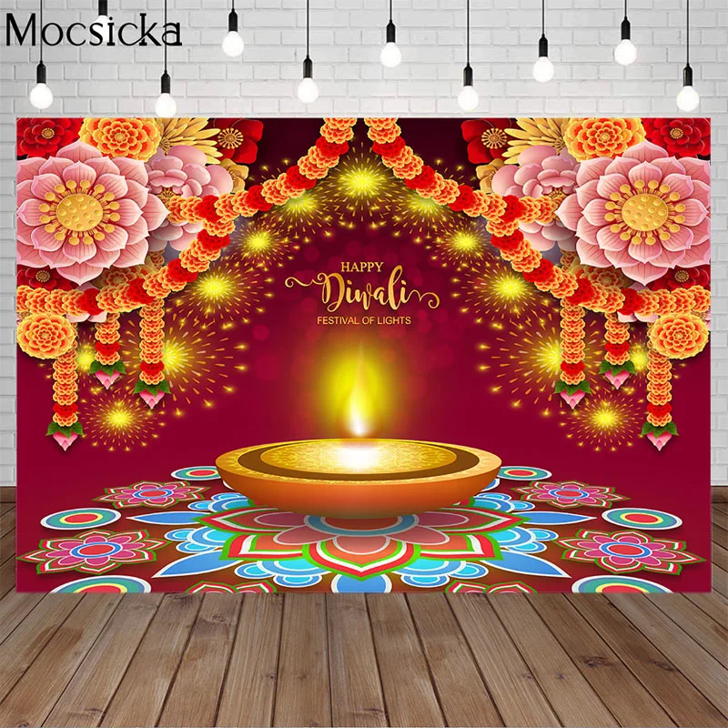 

Задний фон Mocsicka Happy Diwali с красным золотым цветком, праздничный фон для фотосъемки, Вечерние Декорации, баннер, Фотофон