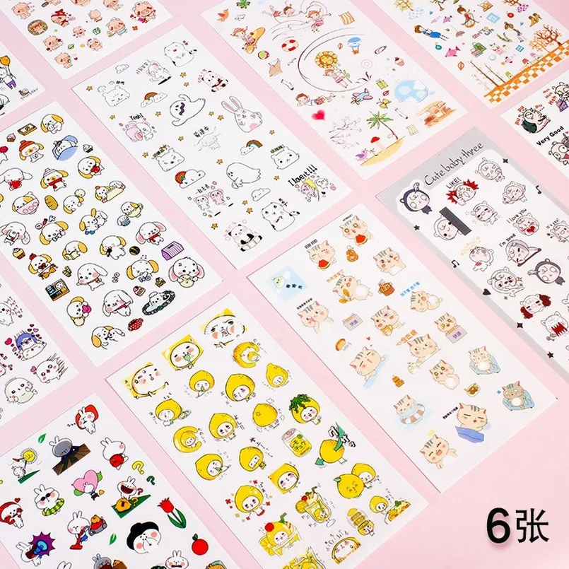 10 Set (60 sheets) Korean Stationery Stickers 1 Pack 6 Transparent PVC Cartoon Student Children DIY Notebook Hand Decor Stickers