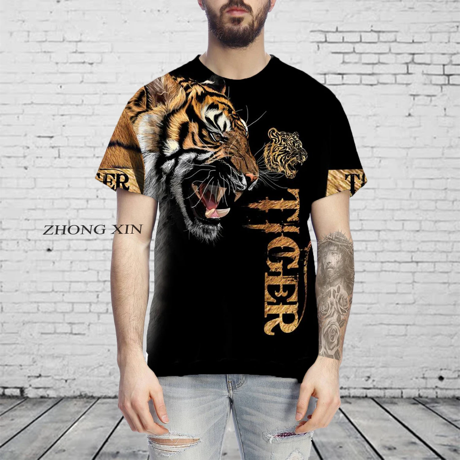 

Summer fashion brand short-sleeved white tiger leather 3d all-printed men's and women's short-sleeved casual short-sleeved
