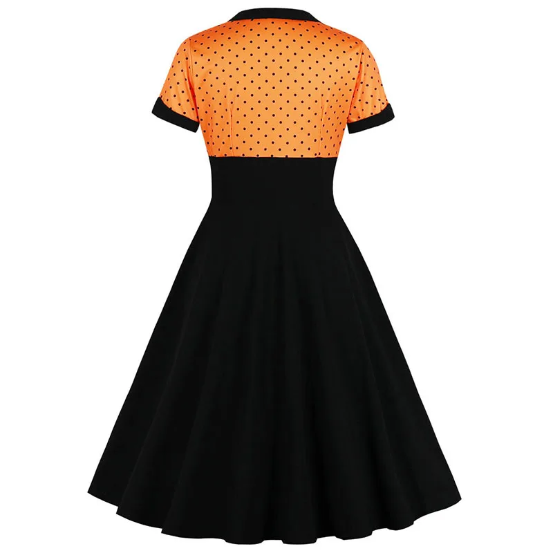 Женское винтажное платье в горошек черное/оранжевое трапециевидной формы стиле