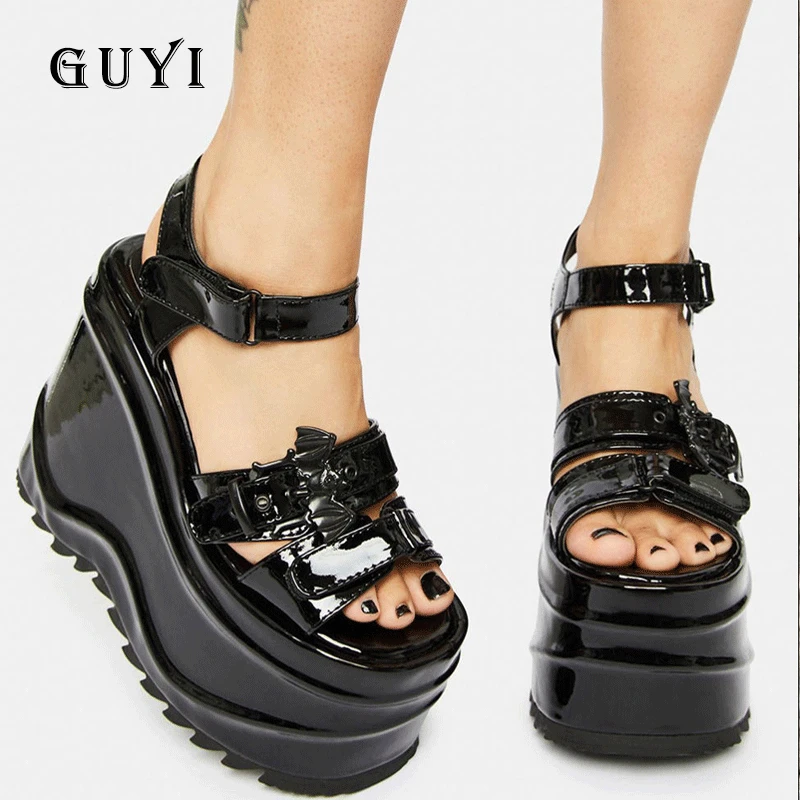 

Brand Design 2021 Big Size 43 Platform Sandals Chunky Heels Black lolita Gothic Cool Chains Punk Summer Wedges Shoes for women