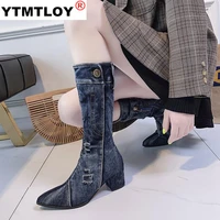2020 women chunky denim mid calf boots block 6cm high heels fetish boots stripper winter fashion cowboy western boots shoes
