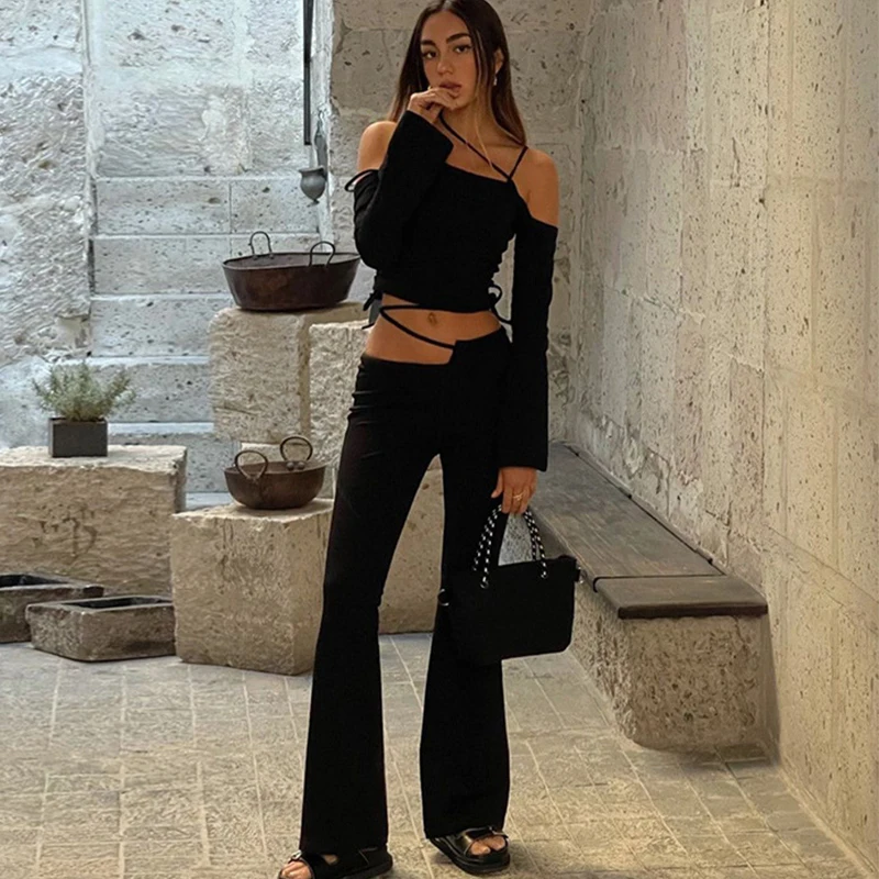 

Women's Tracksuit Set Sexy Outfits Casual Sportswear Black Long Sleeve Crop Top and High Waist Bandage Pant Suits