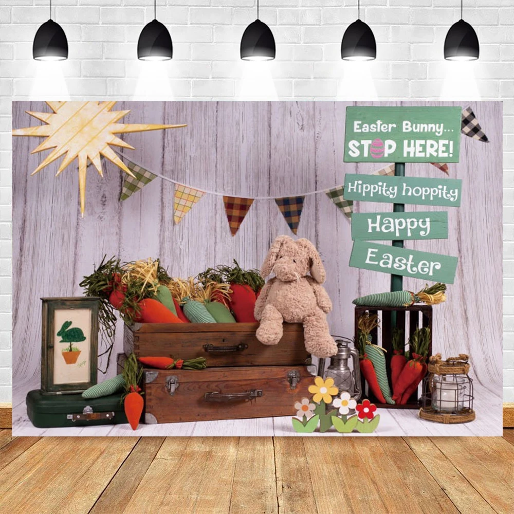 

Happy Easter Rabbit Backdrop Wooden Wall Eggs Baby Kids Portrait Party Decor Background Photography For Photo Studio Booth Props