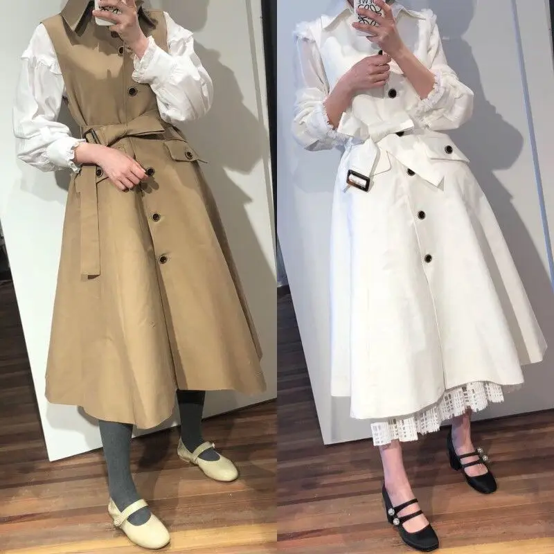 

French Style Elegant Fashion Solid Simple Dress for Ladies Trench Coat Style Vinatge Dress 2020 New Arrival Winter Autumn Dress
