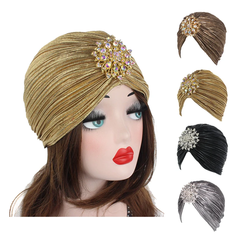 

2020 New Fashion Ladies Gold Silver Diamond Jewel Turban Hats For Women Chemo Bandana Hijab Pleated Indian Cap Turbante Hat