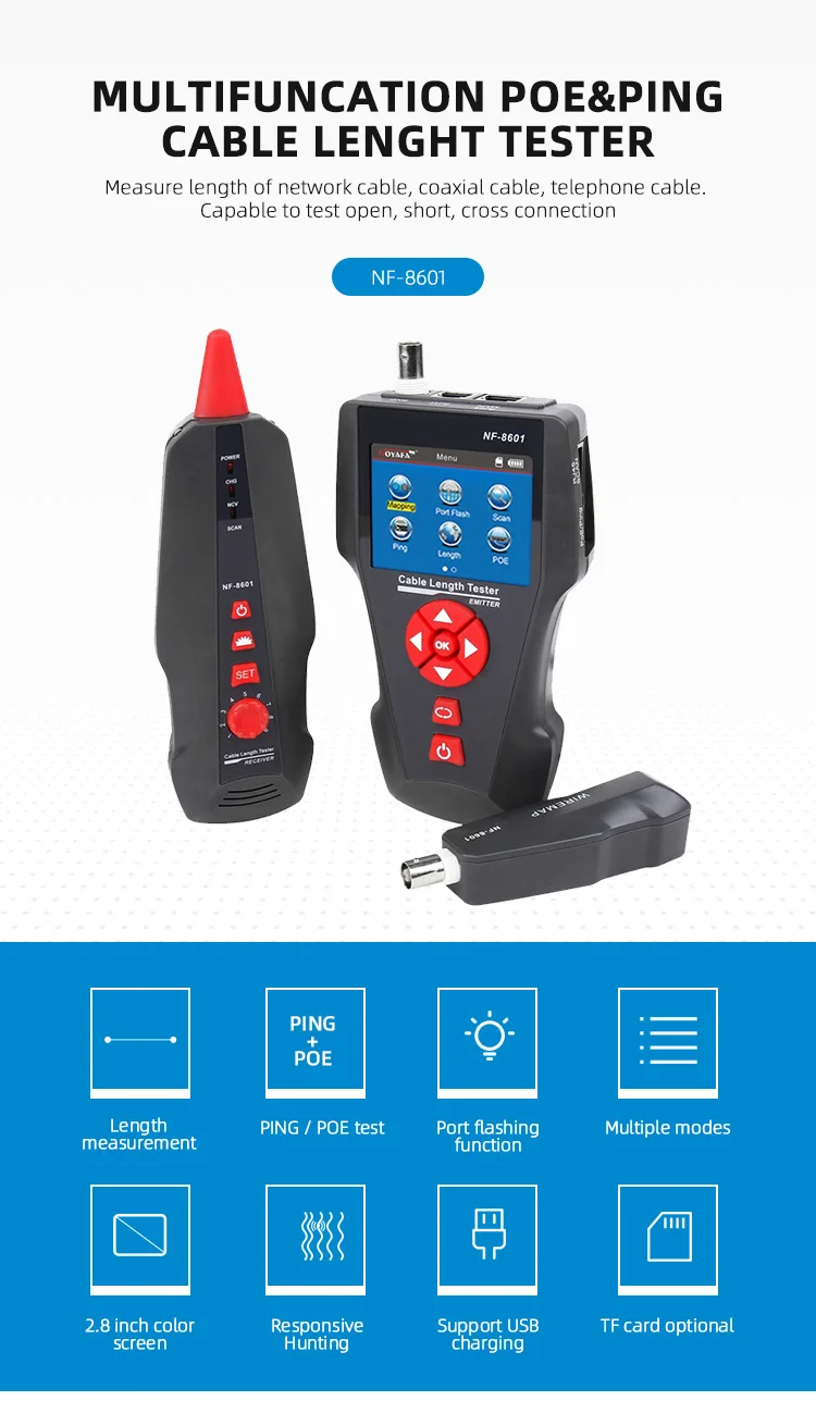 

Noyafa NF-8601 Многофункциональный сетевой трекер, ЖК-тестер длины кабеля, тестер точки прерывания, PING POE и функция перекрестного разговора