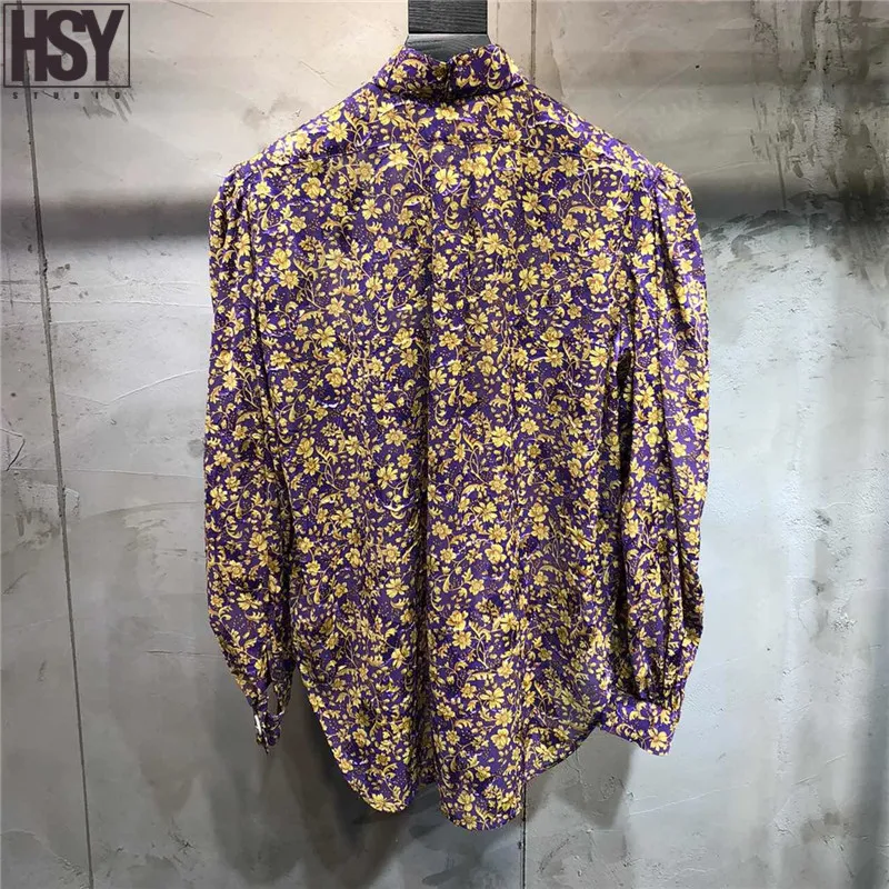 【HSY】 Autumn Winter New Fashion Women Shirt Custom Stereoscopic Flower Button Bubble Sleeve Stand Collar Floral Print Blouse