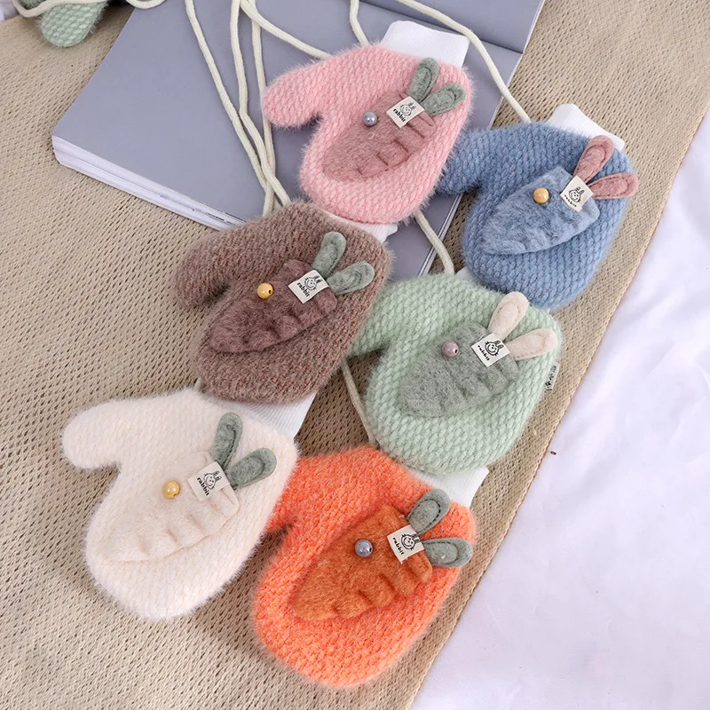 

Kids Cute Knitted Wool Gloves Thicken Warm Plus Velvet Hanging Neck Gloves For 5-10 Year Old Child Student Cartoon Cute Mittens