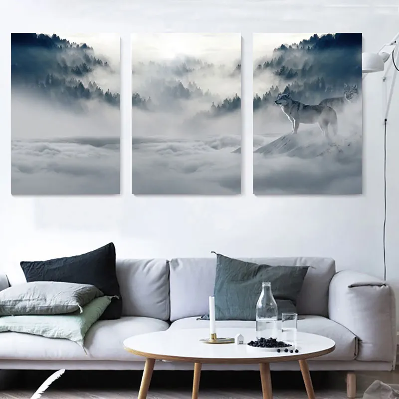 Картина на холсте настенная печать 3 шт. Лесной Волк пейзаж картина закат постеры