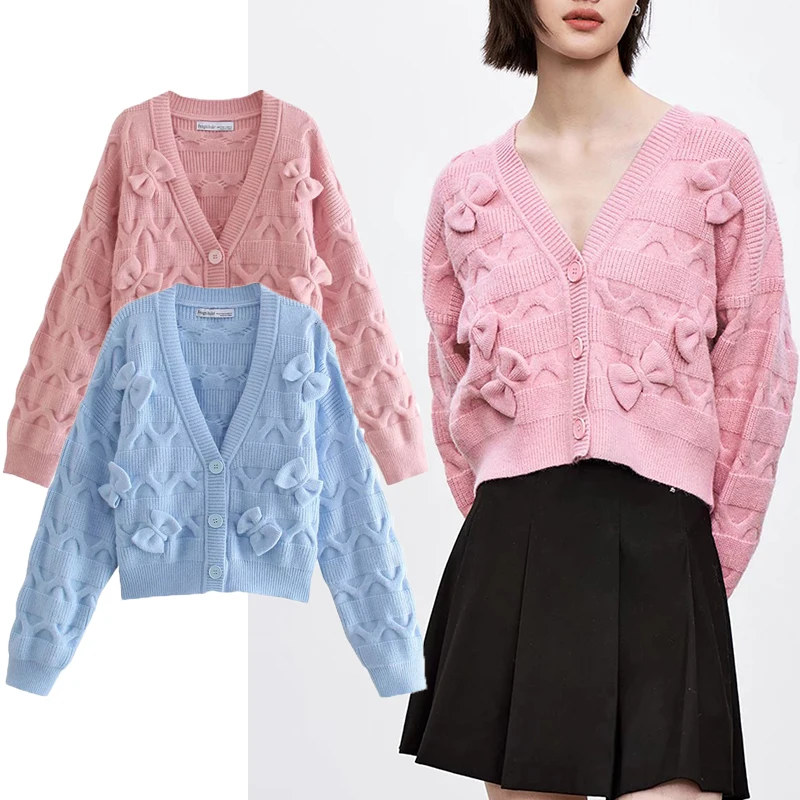 

Женский трикотажный кардиган с бантом ZA, теплый однобортный однотонный кардиган с V-образным вырезом, повседневный мягкий свитер двух цвето...