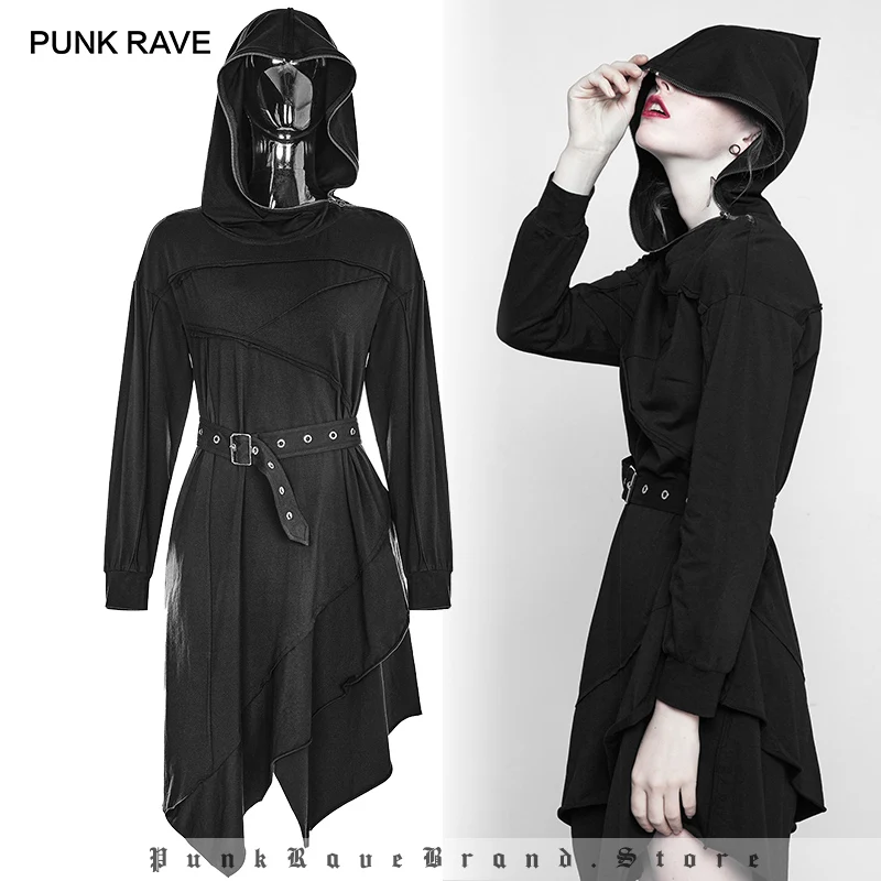 Женское асимметричное платье в стиле панк черное ретро с капюшоном Готическая