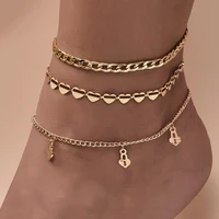 boho multilayer classic heart lock pendant anklet set womens summer fashion beach anklets bracelet girl birthday party jewelry