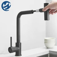 black rotatable brass kitchen faucet hot cold mixer crane 2 modes shower column mode pull out style sink basin tap kitchen tap