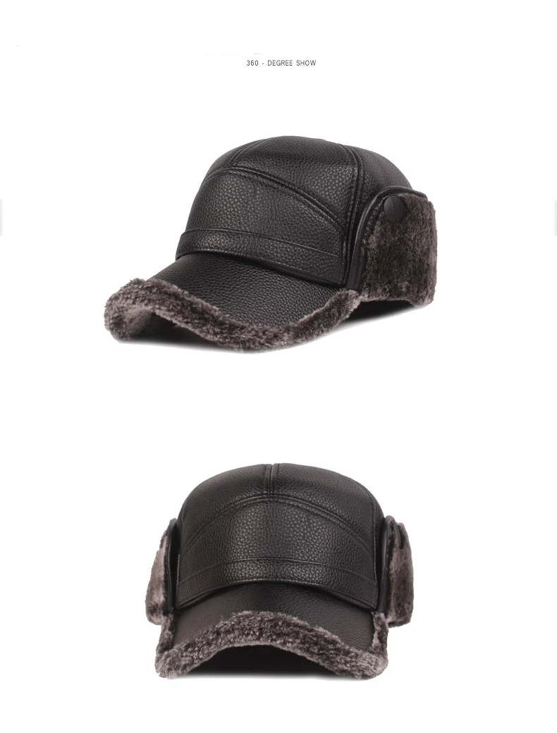 HanXi Winter Men Earflaps Baseball Cap Warm Leather Thicker Snapback Cap Men Father's Hats Ear Faux Fur Protection Casquette