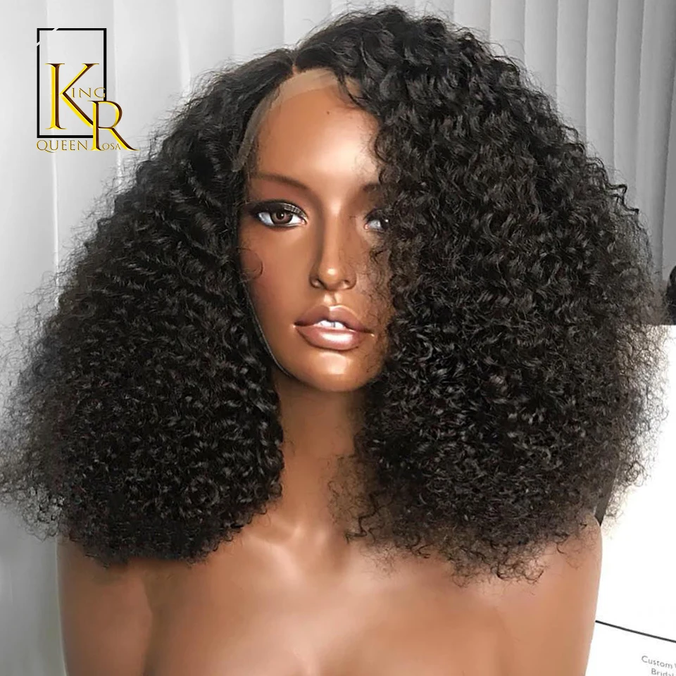 AfroKinky вьющиеся боб парик 13*4 синтетические волосы на кружеве парики с предварительно сорвал бразильский Remy Hiar натуральный черный цвет для женщин