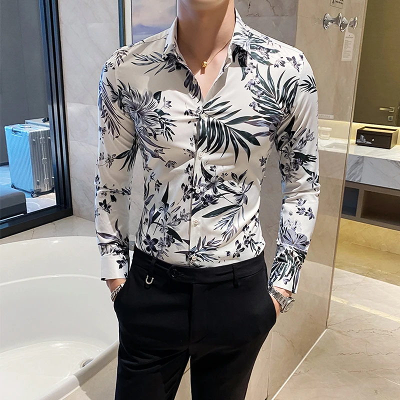 

Рубашка мужская с принтом, стильная повседневная простая универсальная блузка с длинным рукавом, смокинг, подходит для выпускного вечера, у...