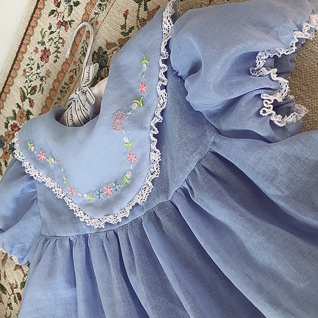 2020 elegant princess dresses for girls vintage lace blue embroidered flower dress girl floral short sleeve summer | Детская одежда и