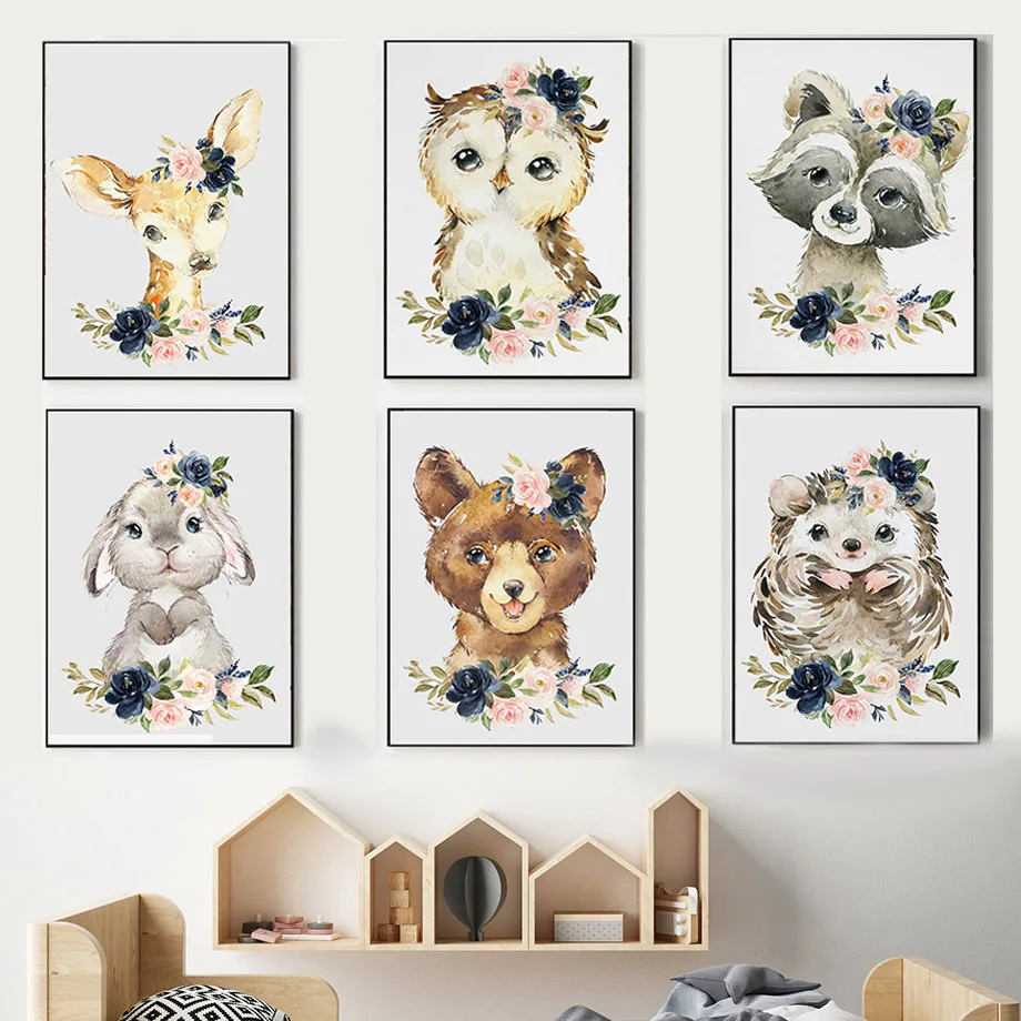 

Cartoon Animal Bear Deer Rabbit Raccoon Wall Art Canvas Painting Nordic Posters And Prints Wall Pictures Baby Kids Room Decor