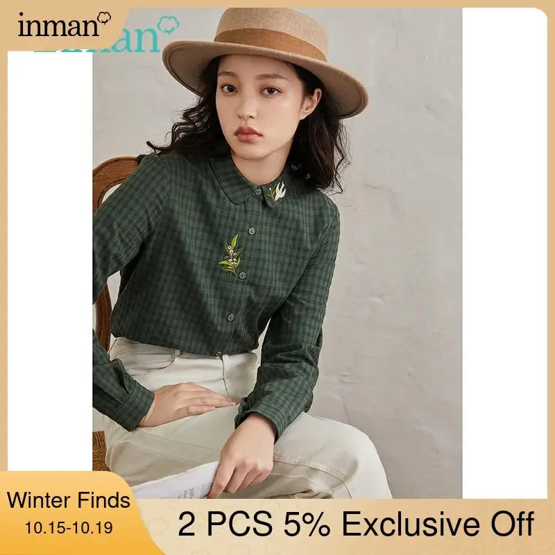 

INMAN Autumn Winter Women's Blouse Vintage Plaid Flowers Embroidery Loose Casual Polo Shirt Long Sleeves Female's Top