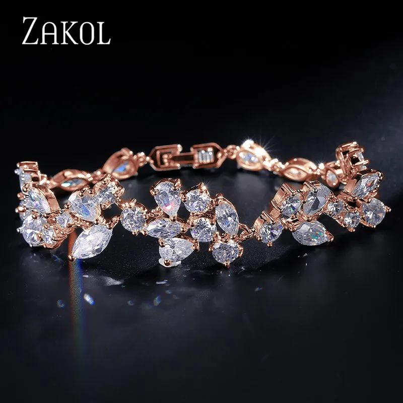 ZAKOL 3 цвета белый цвет дизайн кубического циркония цветок Цепочка браслет на запястье для женщин Мода лист Свадебные украшения FSBP014 - Окраска металла: Rose Gold Color