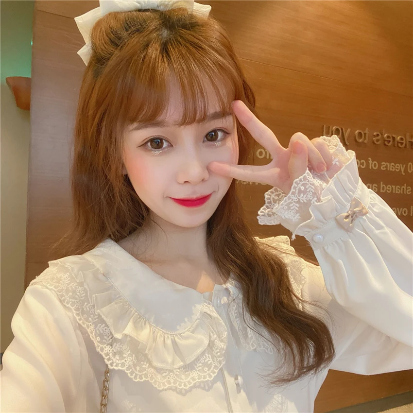 

Lolita Style Spring Autumn Women Blouse Peter Pan Collar With Lace White Black Bow Blusa Cute Kawaii Sweet Girl's Shirt