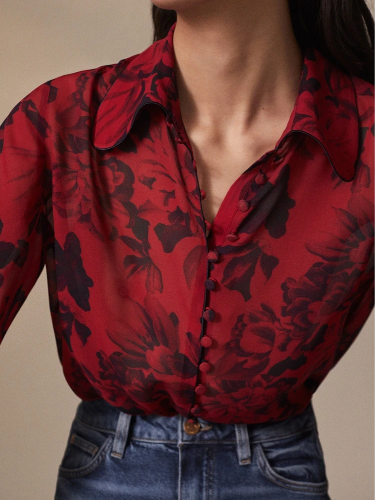 

OLOMM Long-Sleeve Elegant Women's Shirt Floral Print Turn-Down Collar Blouse 2021 Spring Red Fashion Streetwear Top For Female