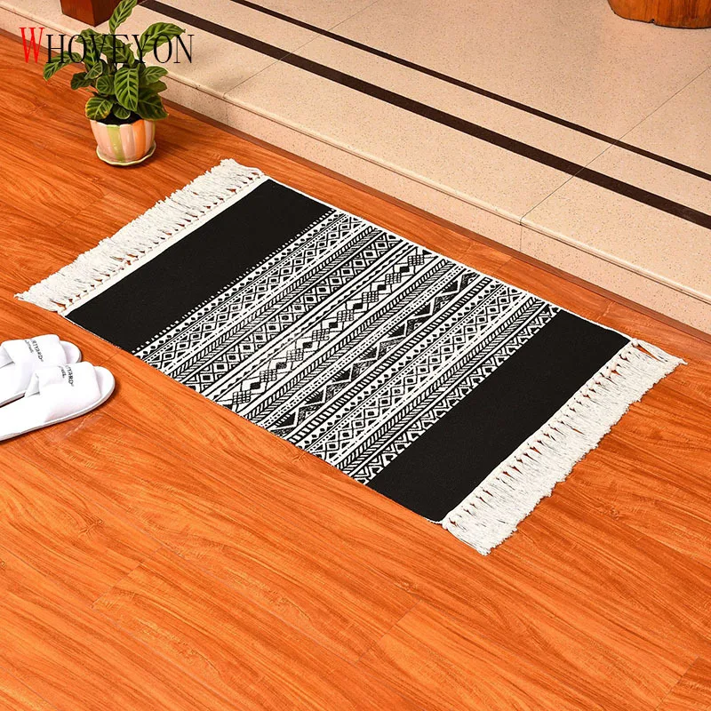 

Nordic Style Carpet Cotton and Linen Fringed Floor Mat Hand Knotted Door Mat Bedroom Carpet Living Room Carpet Area Rug Kids Rug