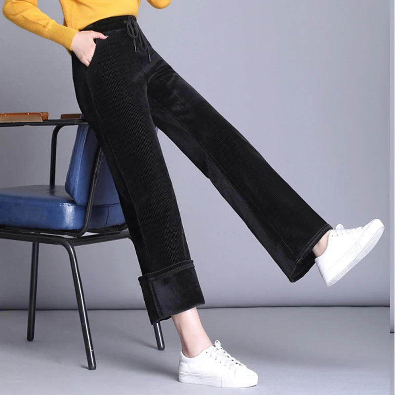 black with velvet Новые модные вельветовые лакированная бархатный ребристый бархатный, вельветовый ткань прямые брюки; свободные для женщин; Большие размеры 4xl 5xl 6xl Для женщин зима-осень Весна Повседневное брюки цвет: черный, синий - Цвет: black with velvet