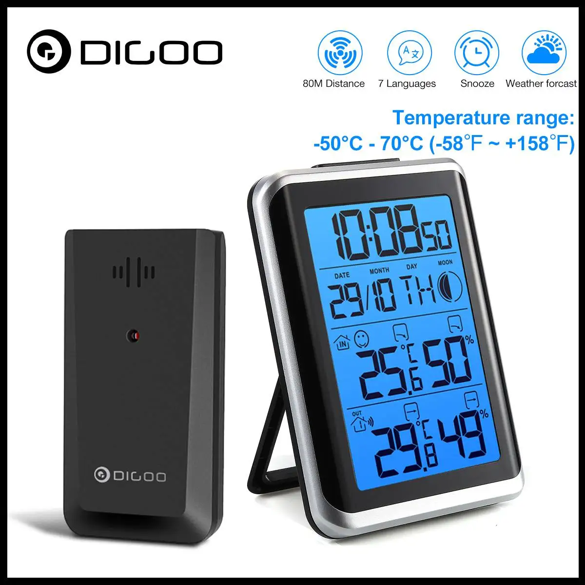 

DIGOO DG-TH8461 LCD Weather Station Hygrometer Thermometer Meter Wireless Indoor Outdoor Forecast Sensor Backlight Alarm Clock