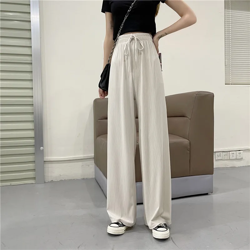 

Белые широкие брюки han, женские весенне-осенние тонкие стильные тонкие свободные повседневные брюки с высокой талией, прямые брюки
